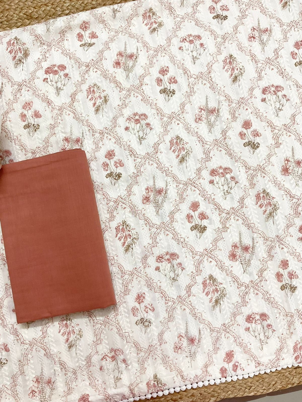 Pure Hakoba Cotton Printed Embroidered Suit - Off White