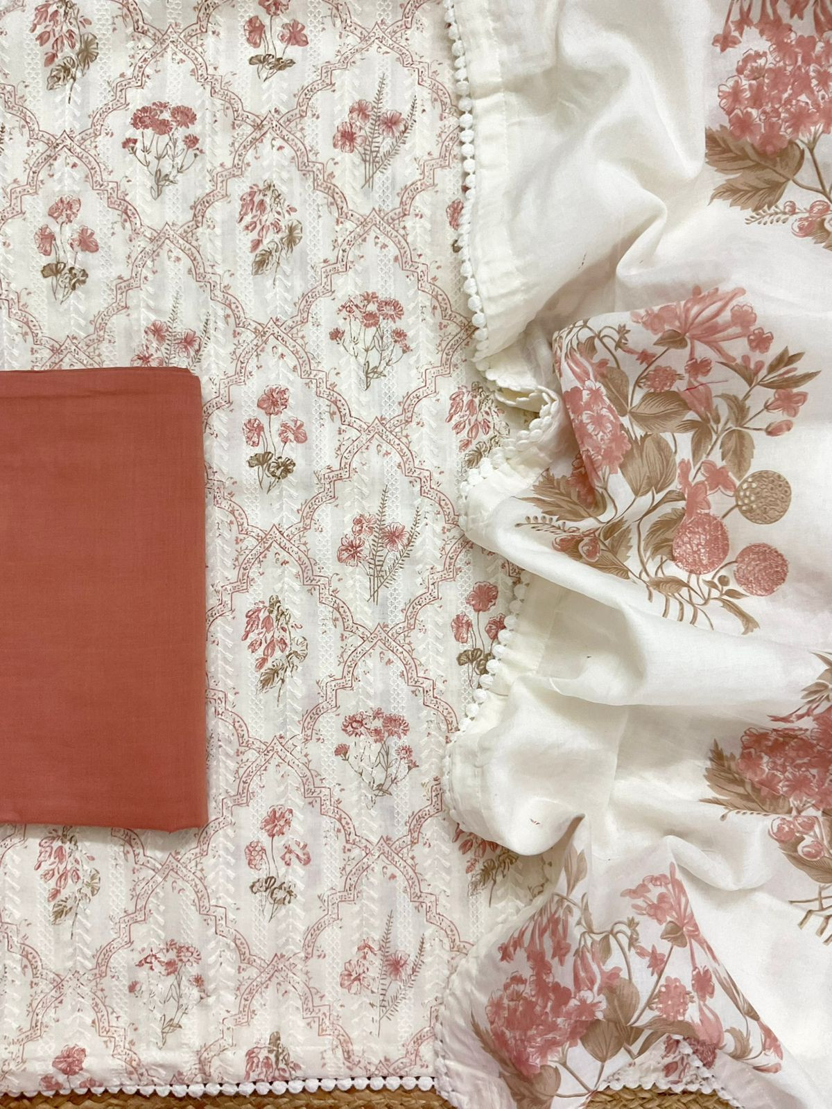 Pure Hakoba Cotton Printed Embroidered Suit - Off White