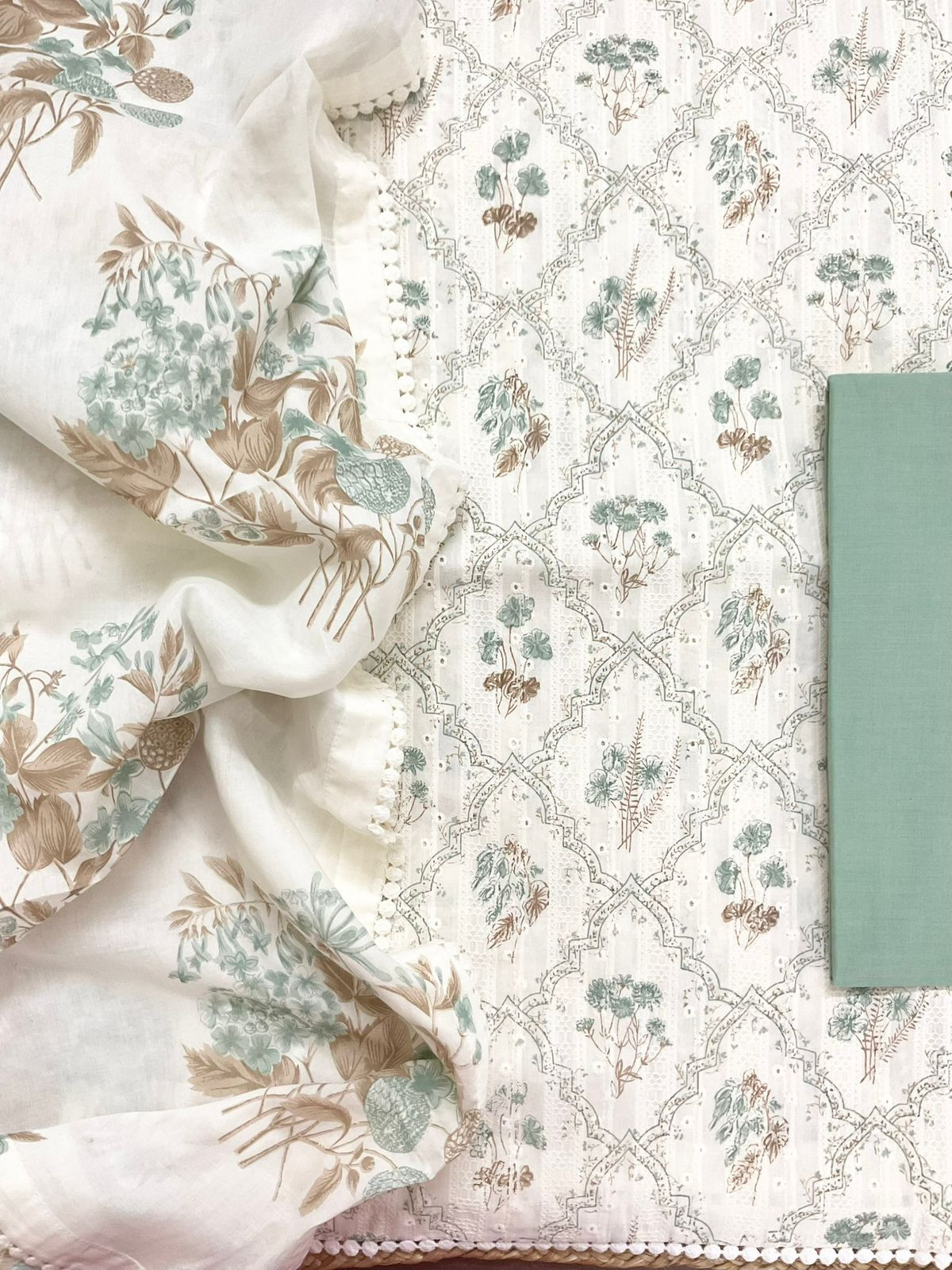 Pure Hakoba Cotton Printed Embroidered Suit - Off White