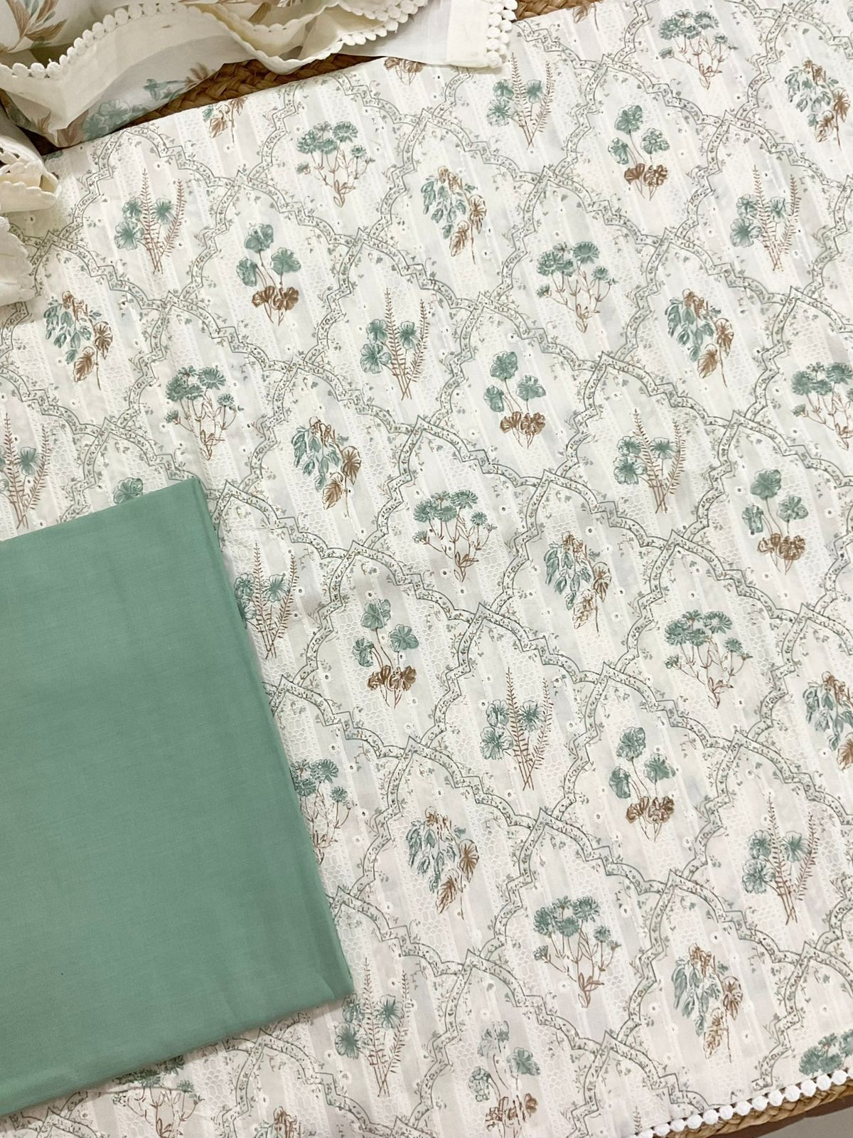 Pure Hakoba Cotton Printed Embroidered Suit - Off White
