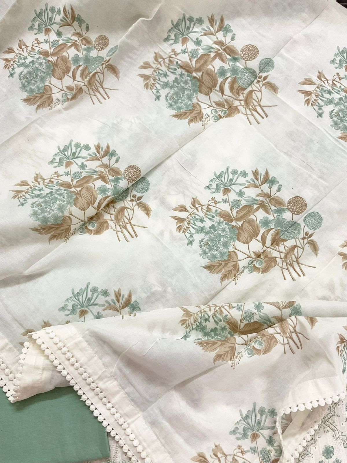 Pure Hakoba Cotton Printed Embroidered Suit - Off White