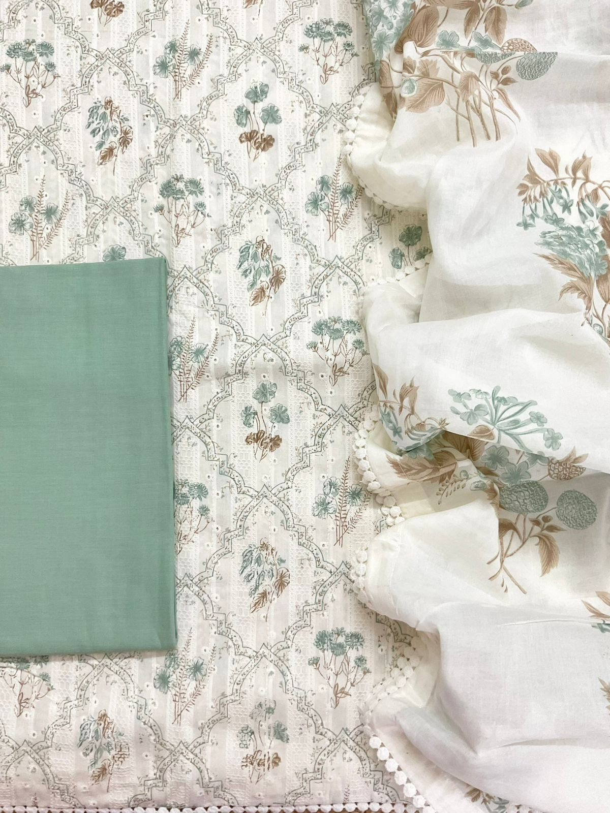 Pure Hakoba Cotton Printed Embroidered Suit - Off White