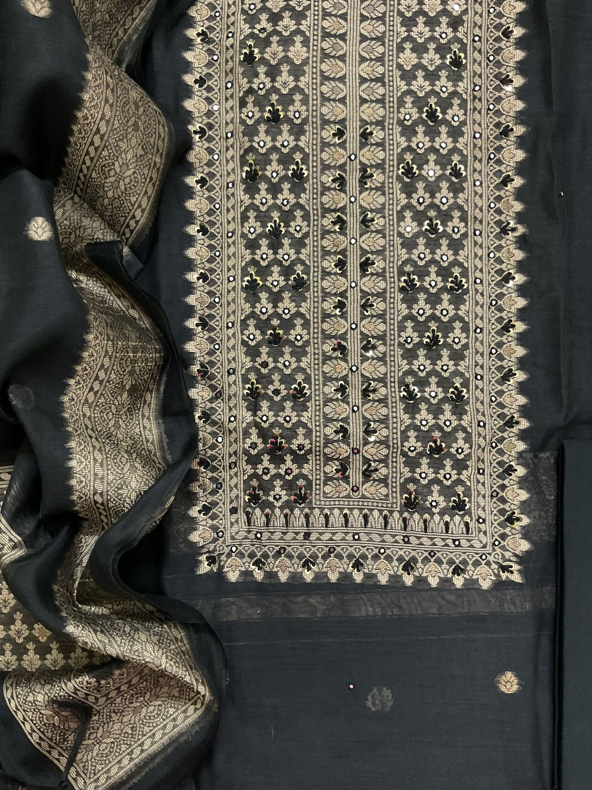 Soft Slub Chanderi Jamdani Weaved Suit - Black