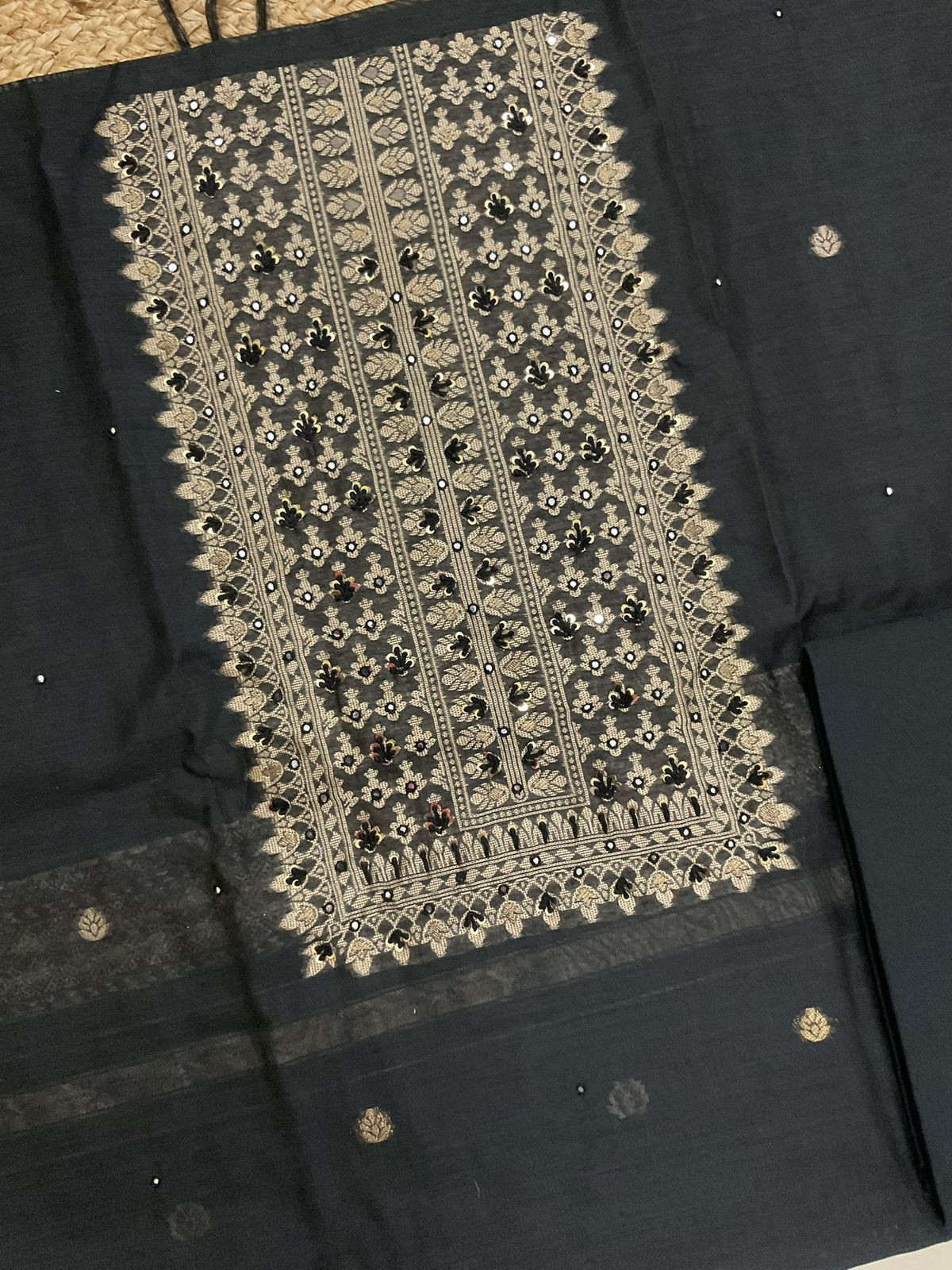 Soft Slub Chanderi Jamdani Weaved Suit - Black