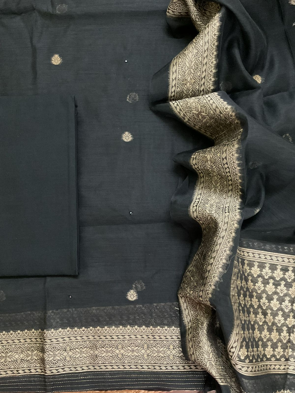 Soft Slub Chanderi Jamdani Weaved Suit - Black