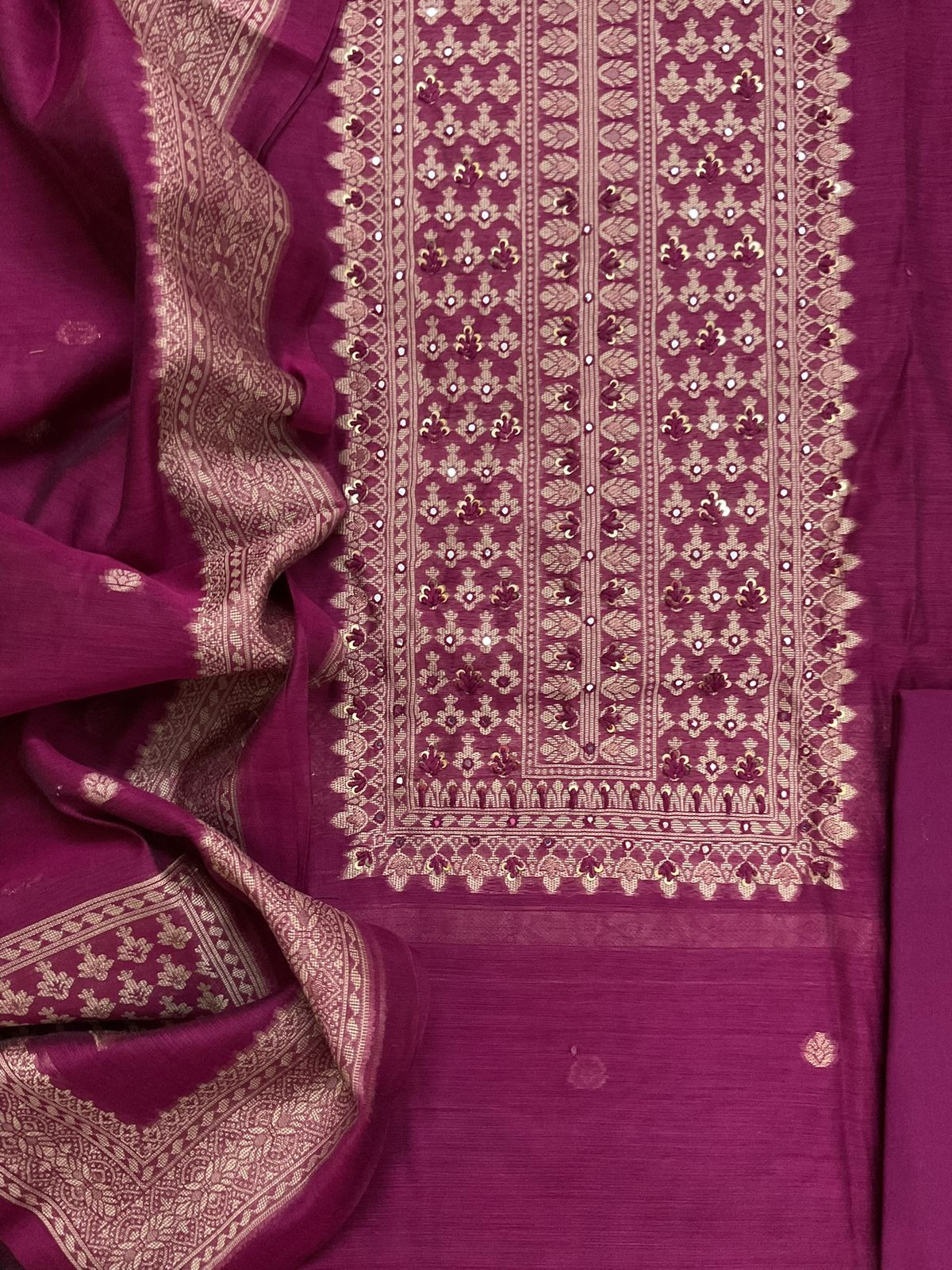 Soft Slub Chanderi Jamdani Weaved Suit - Magenta