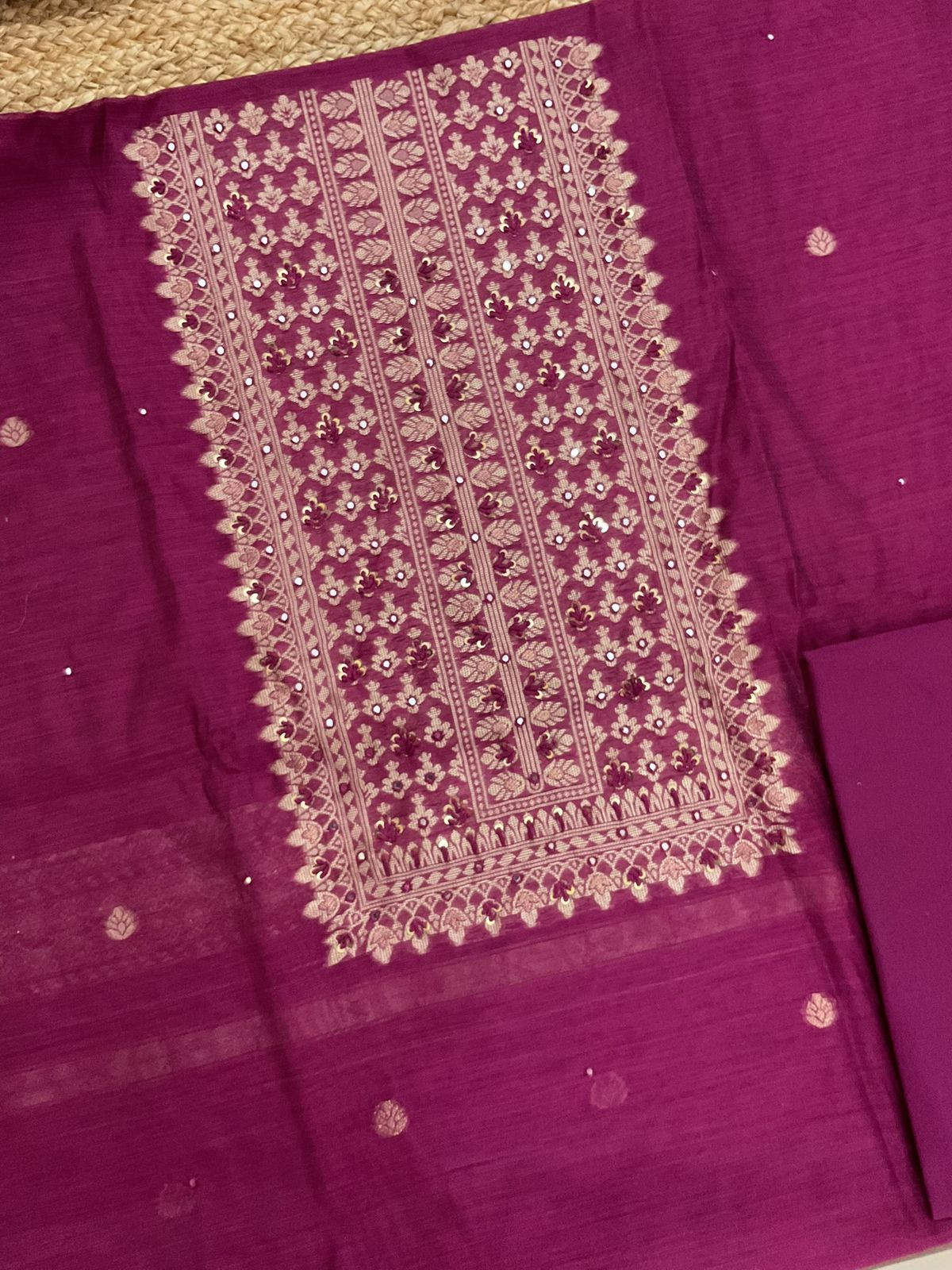 Soft Slub Chanderi Jamdani Weaved Suit - Magenta
