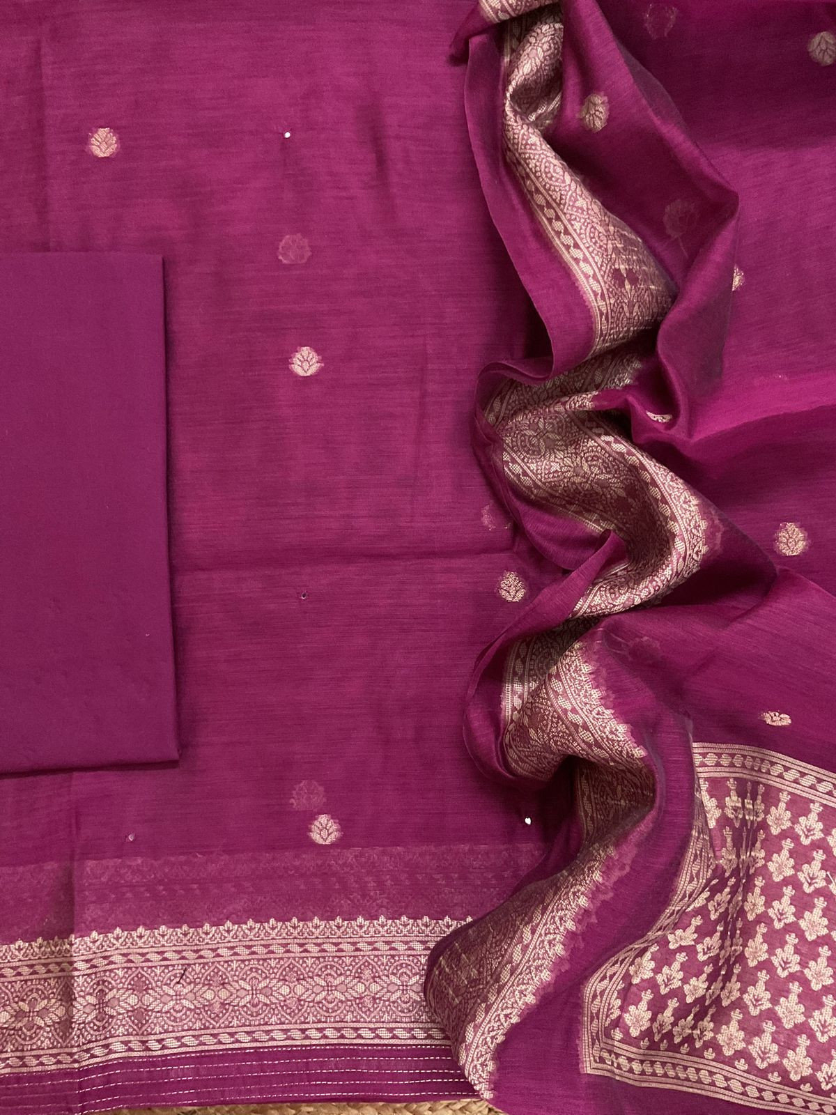 Soft Slub Chanderi Jamdani Weaved Suit - Magenta
