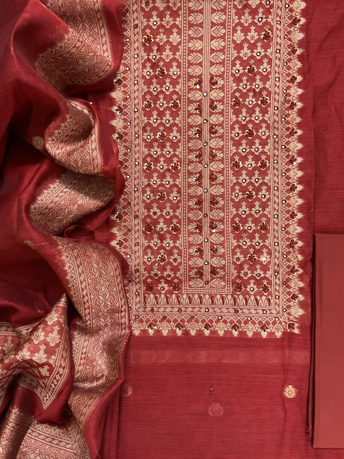 Soft Slub Chanderi Jamdani Weaved Suit - Dark Red