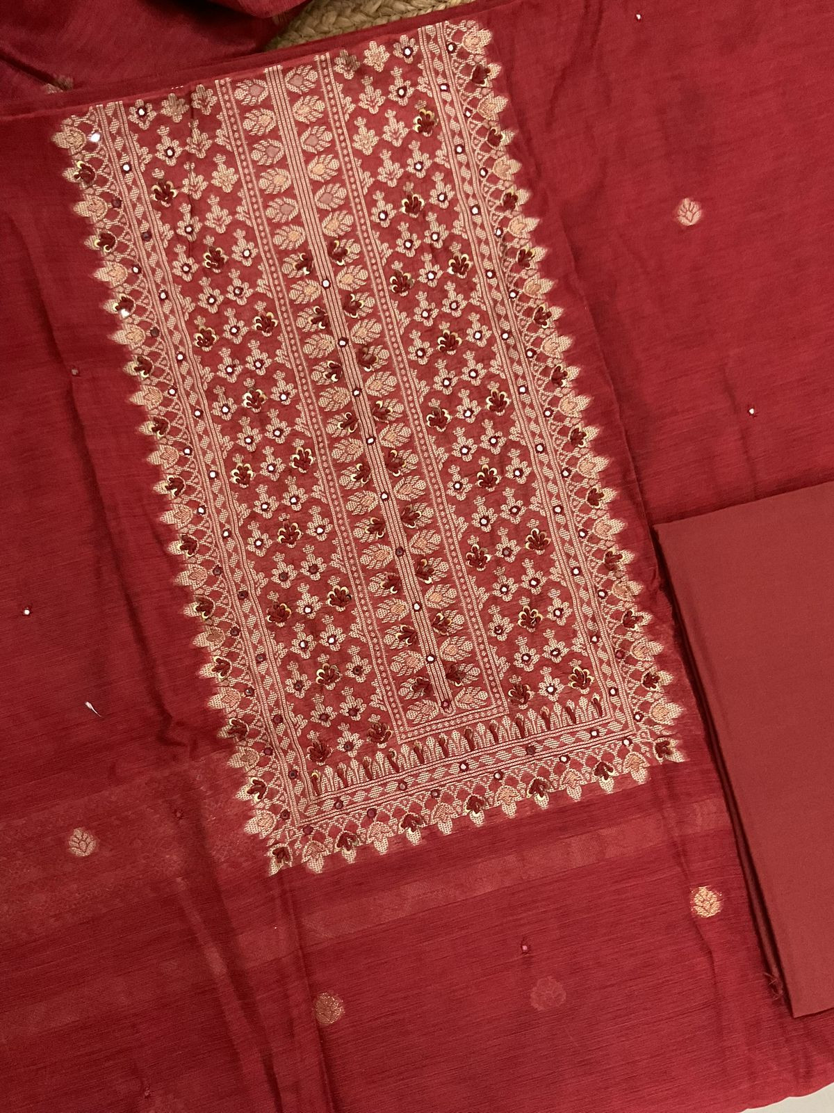 Soft Slub Chanderi Jamdani Weaved Suit - Dark Red