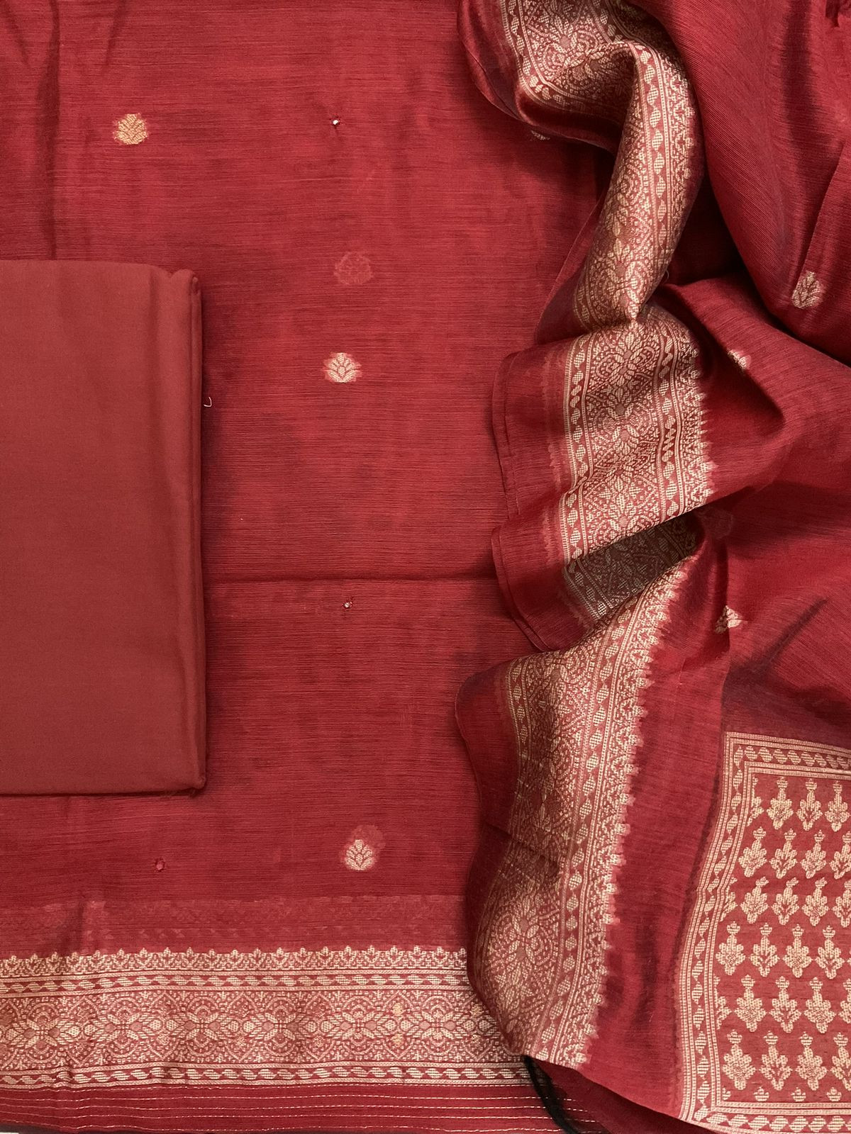 Soft Slub Chanderi Jamdani Weaved Suit - Dark Red