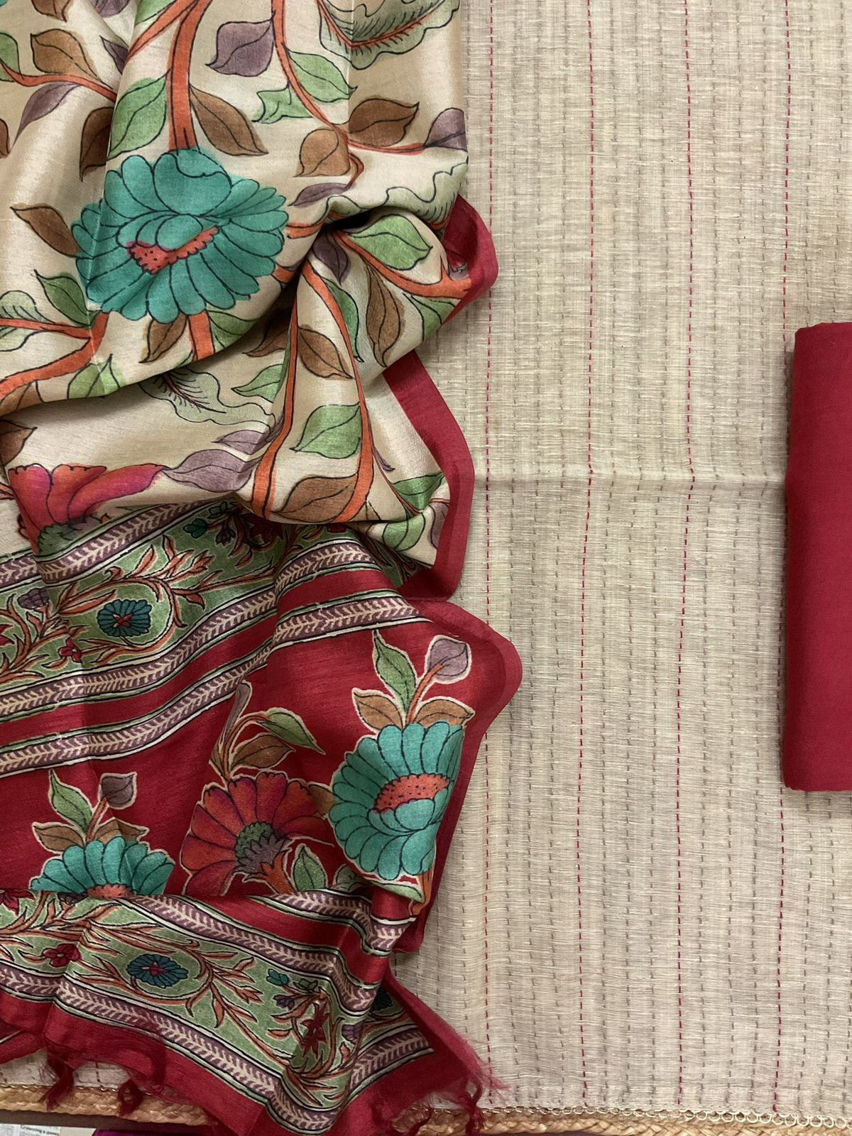 Soft Slub Chanderi Printed Embroidered Suit - Beige