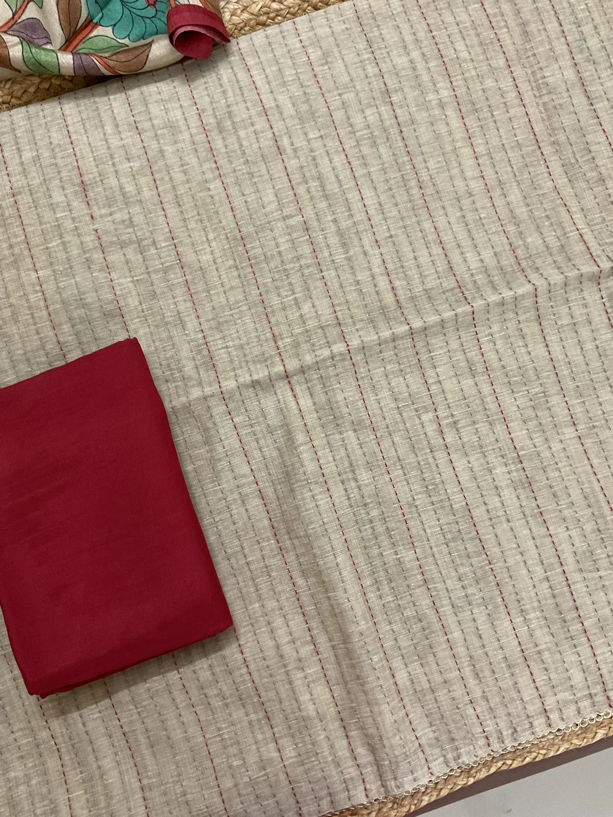 Soft Slub Chanderi Printed Embroidered Suit - Beige