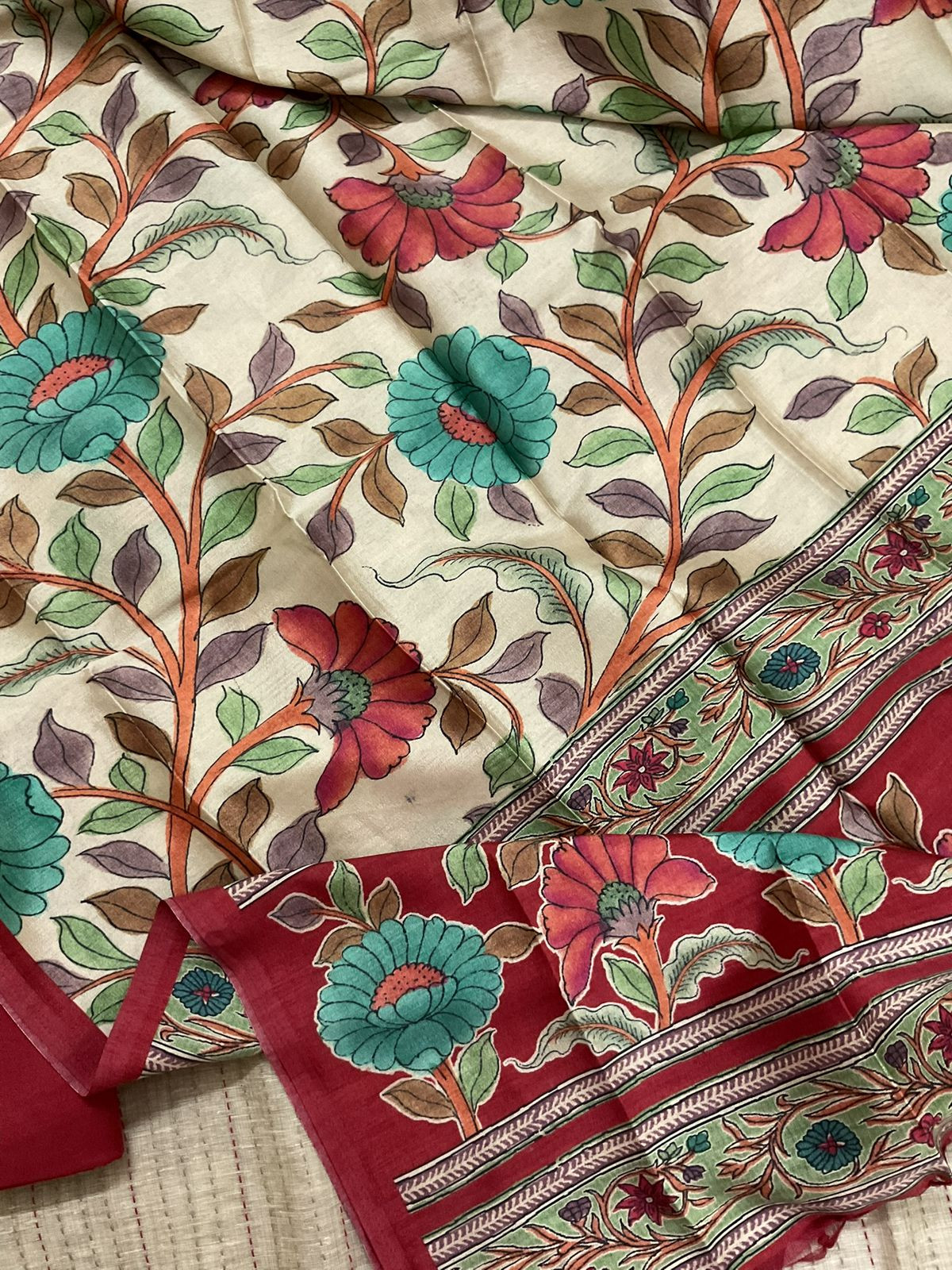 Soft Slub Chanderi Printed Embroidered Suit - Beige