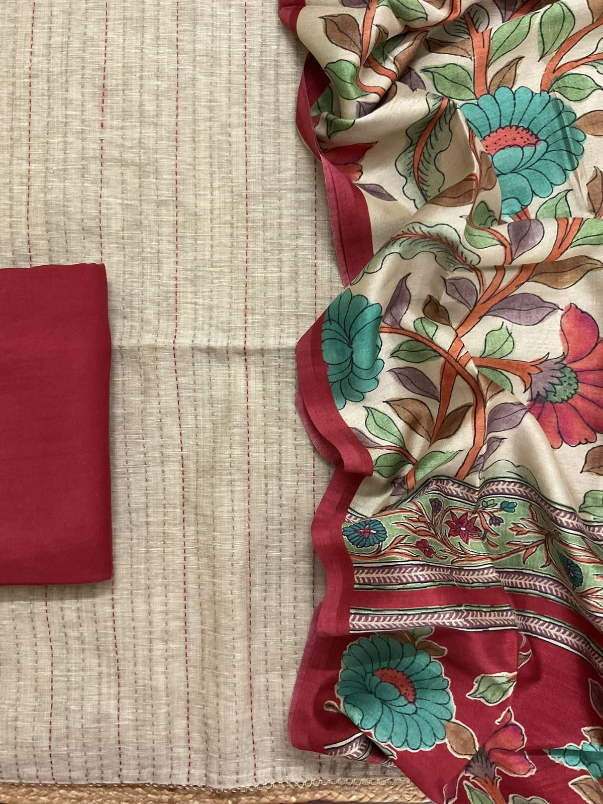 Soft Slub Chanderi Printed Embroidered Suit - Beige