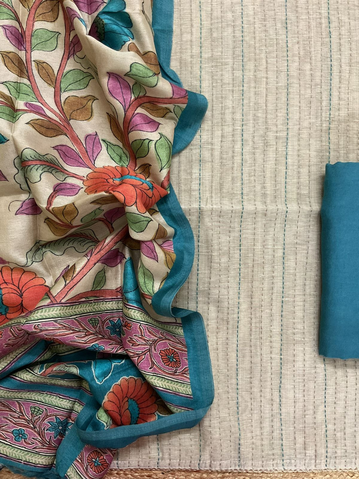 Soft Slub Chanderi Printed Embroidered Suit - Beige