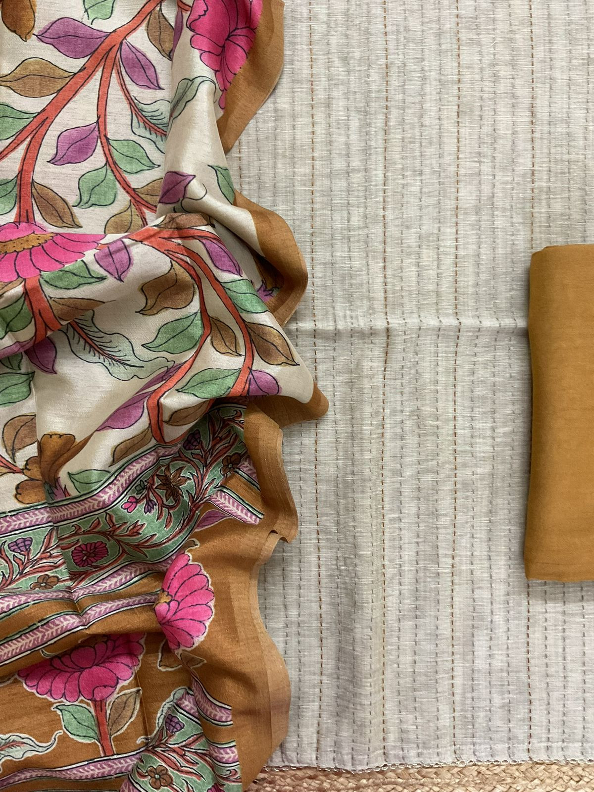 Soft Slub Chanderi Printed Embroidered Suit - Beige