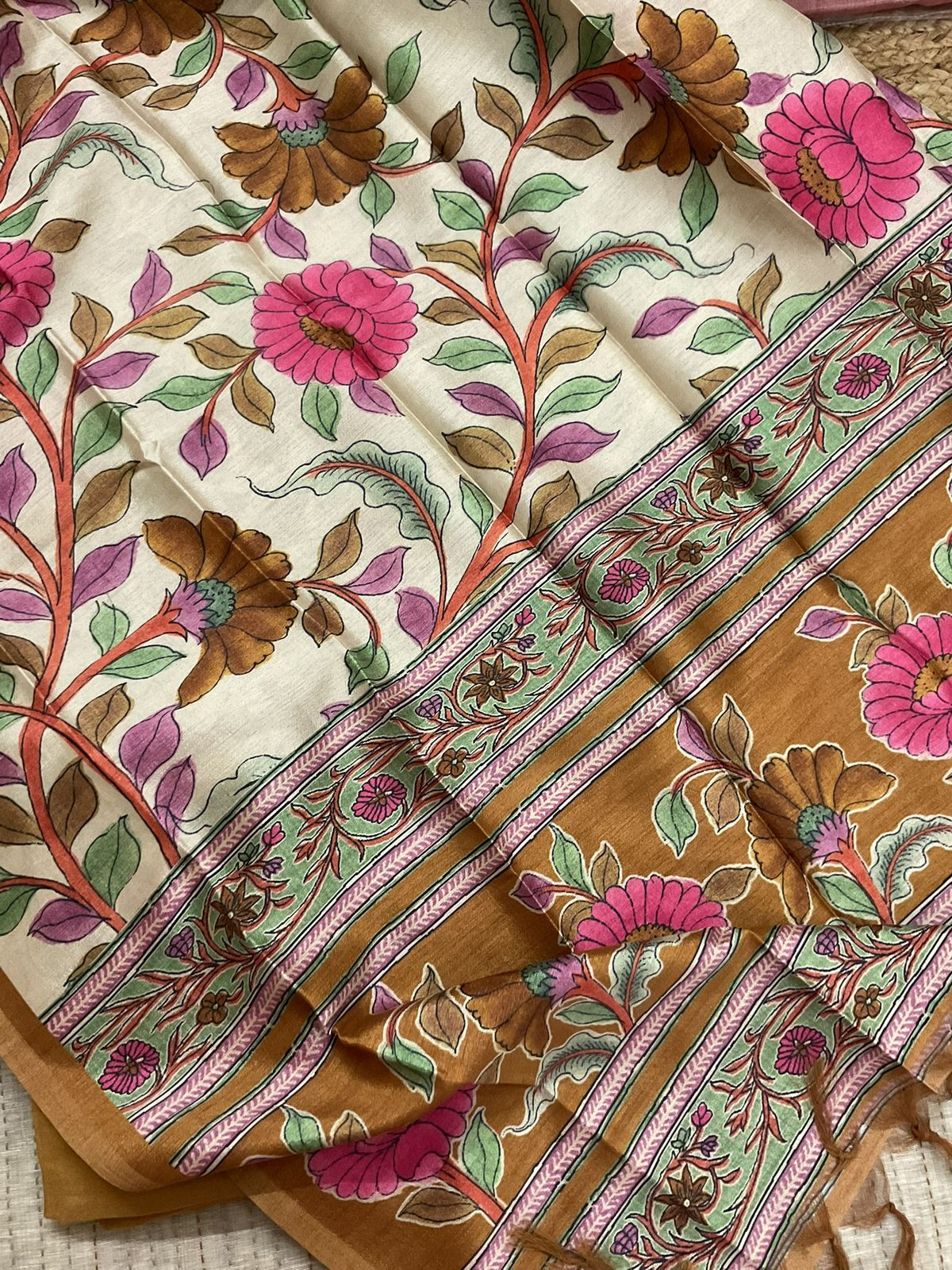 Soft Slub Chanderi Printed Embroidered Suit - Beige