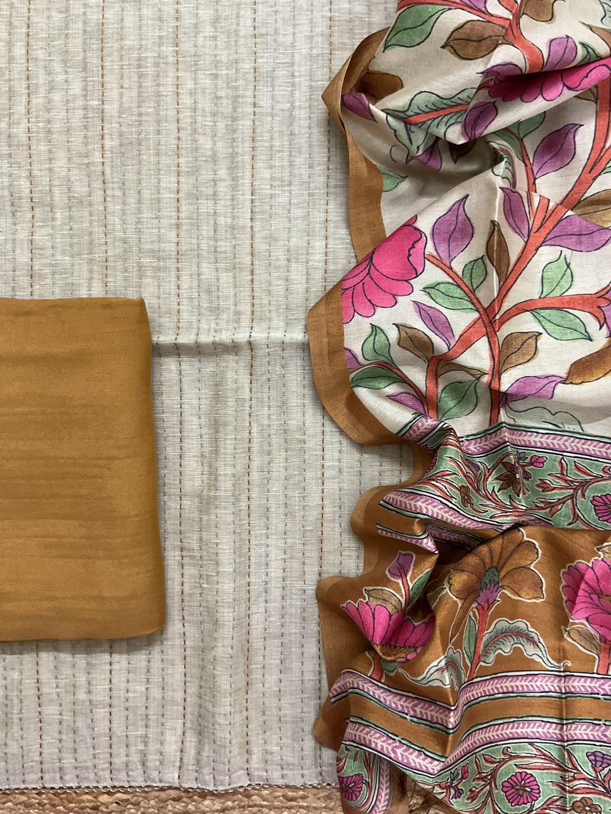 Soft Slub Chanderi Printed Embroidered Suit - Beige