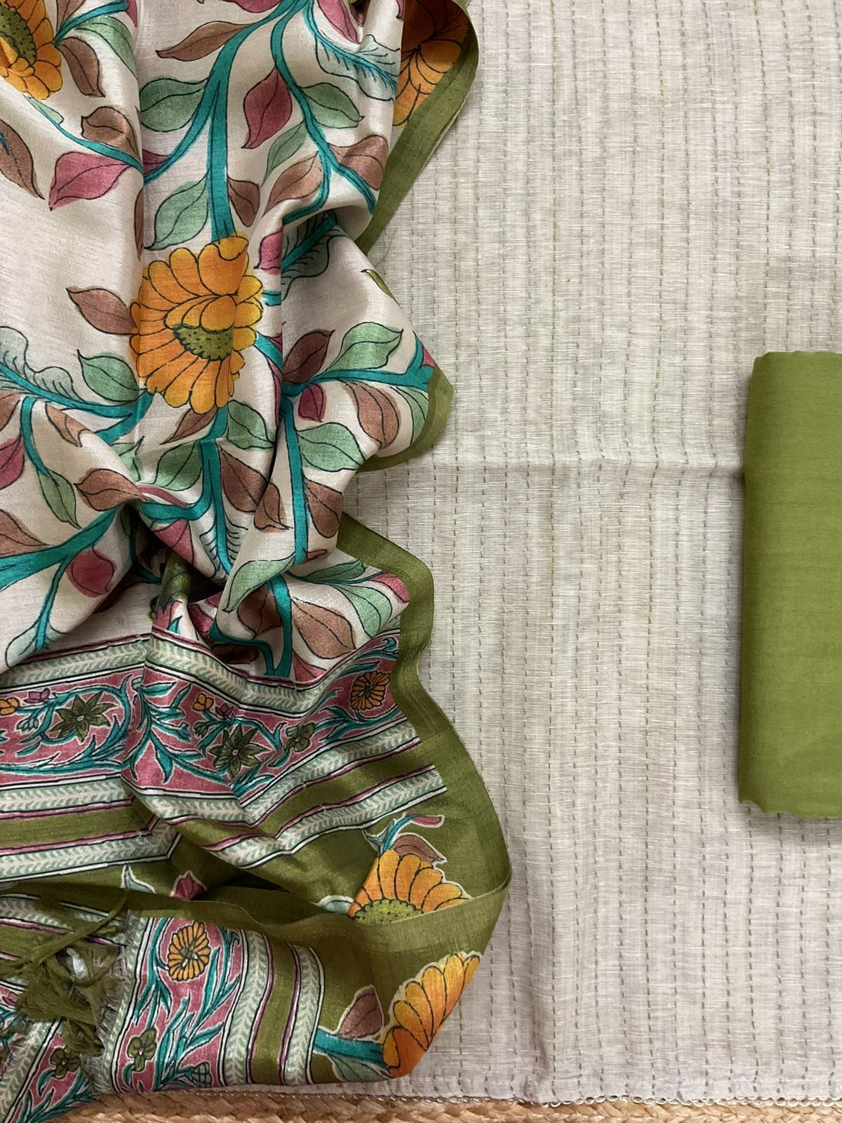 Soft Slub Chanderi Printed Embroidered Suit - Beige