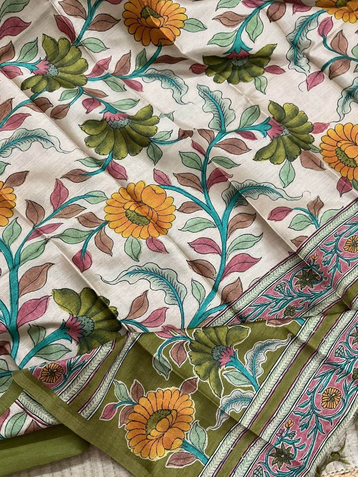 Soft Slub Chanderi Printed Embroidered Suit - Beige