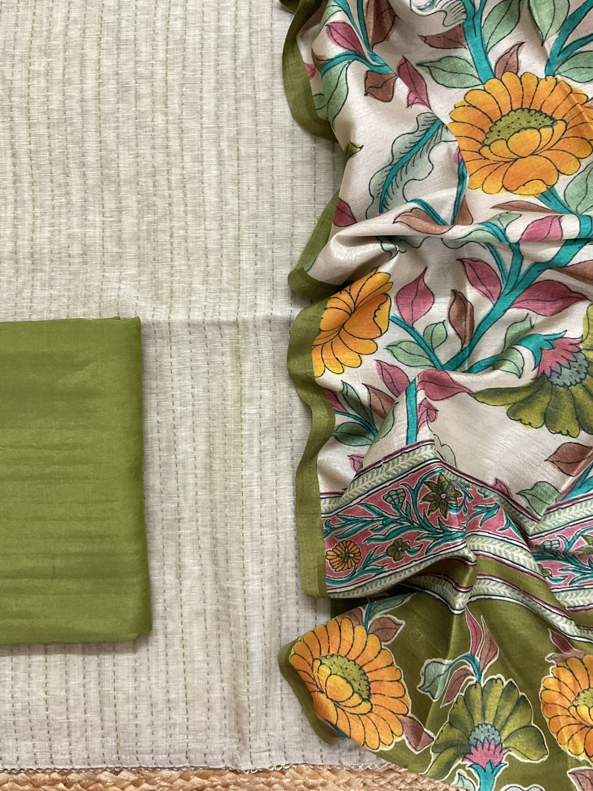 Soft Slub Chanderi Printed Embroidered Suit - Beige