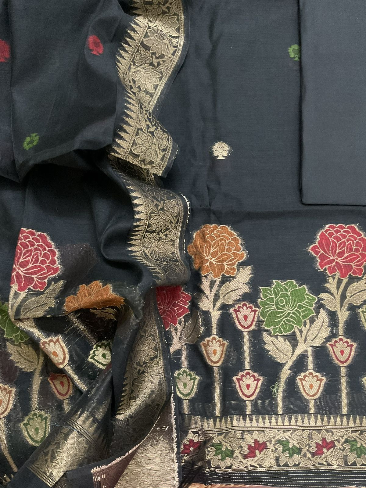 Soft Slub Chanderi Jamdani Weaved Suit - Black