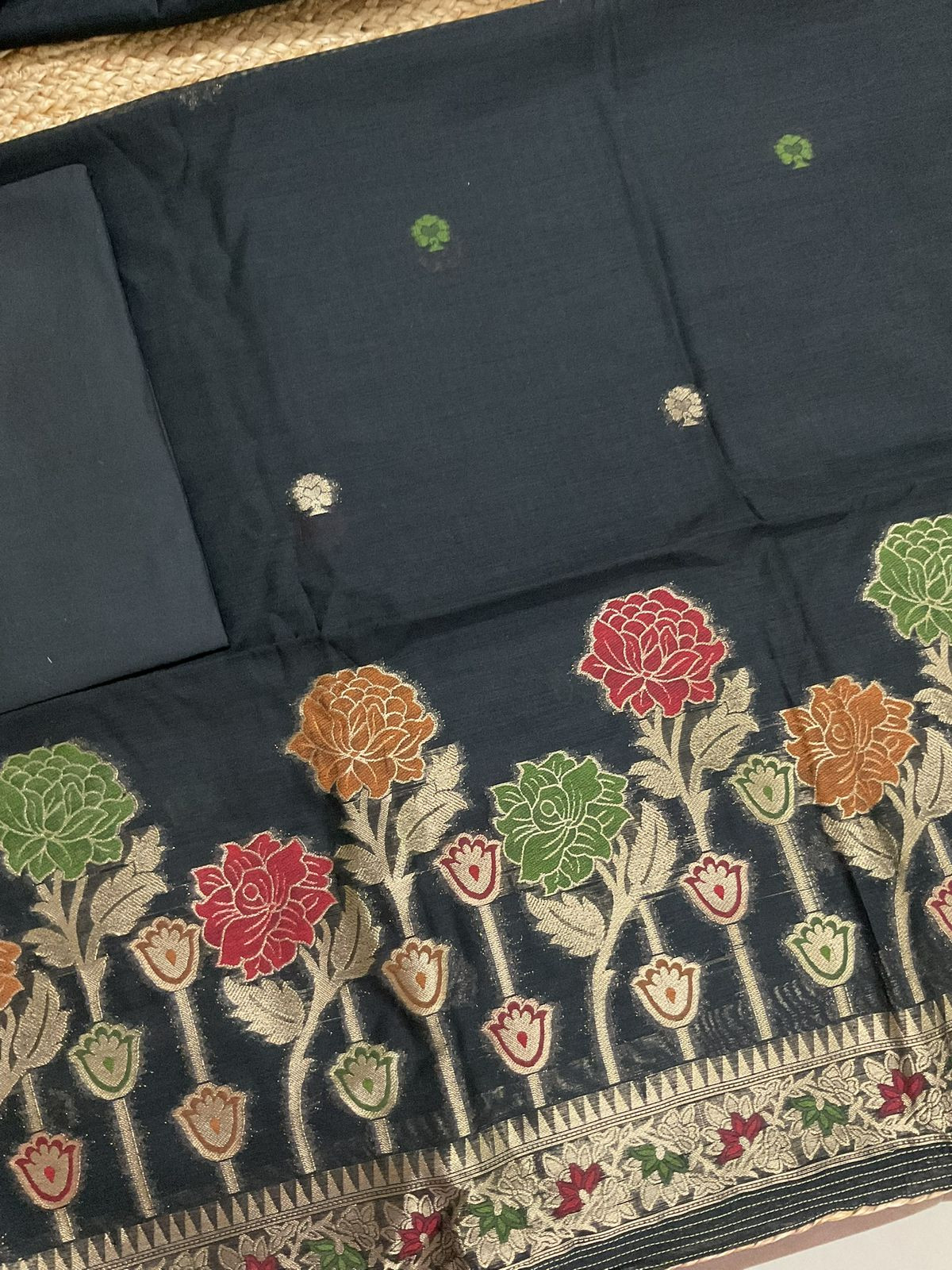 Soft Slub Chanderi Jamdani Weaved Suit - Black