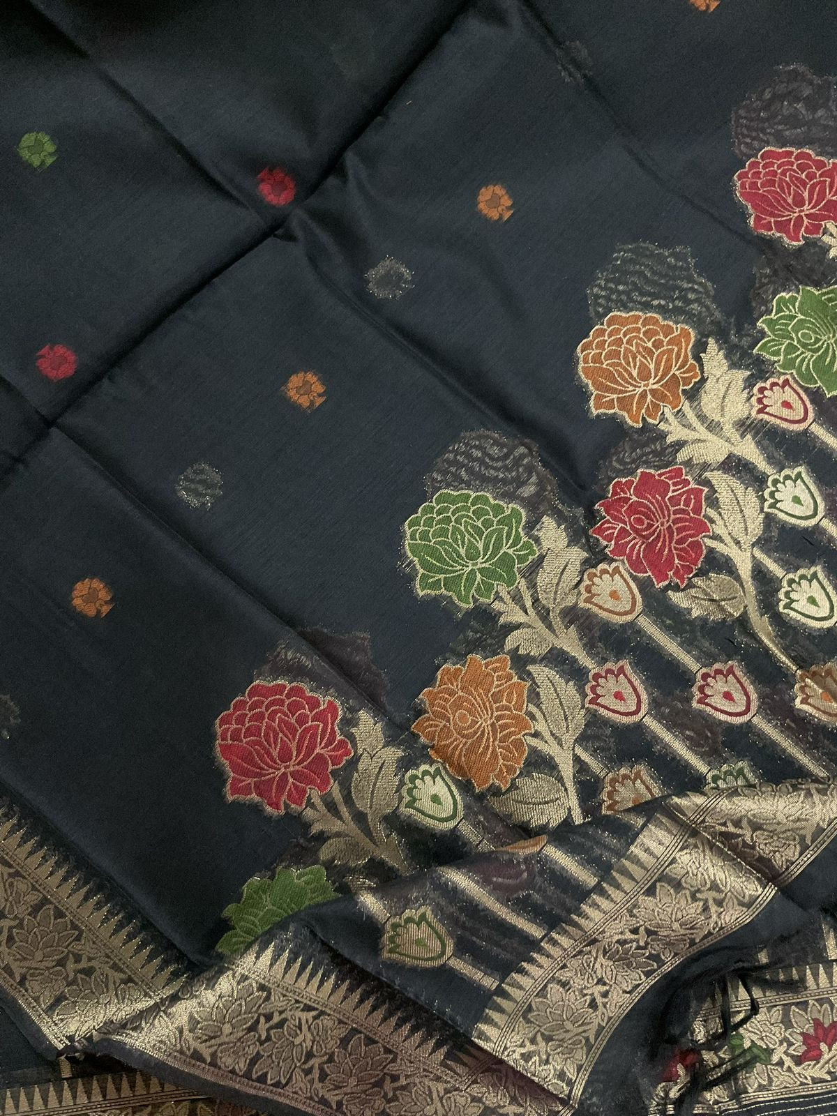 Soft Slub Chanderi Jamdani Weaved Suit - Black