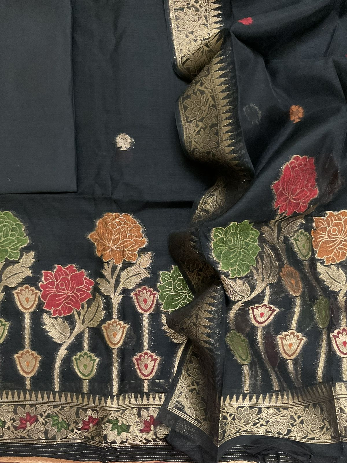 Soft Slub Chanderi Jamdani Weaved Suit - Black