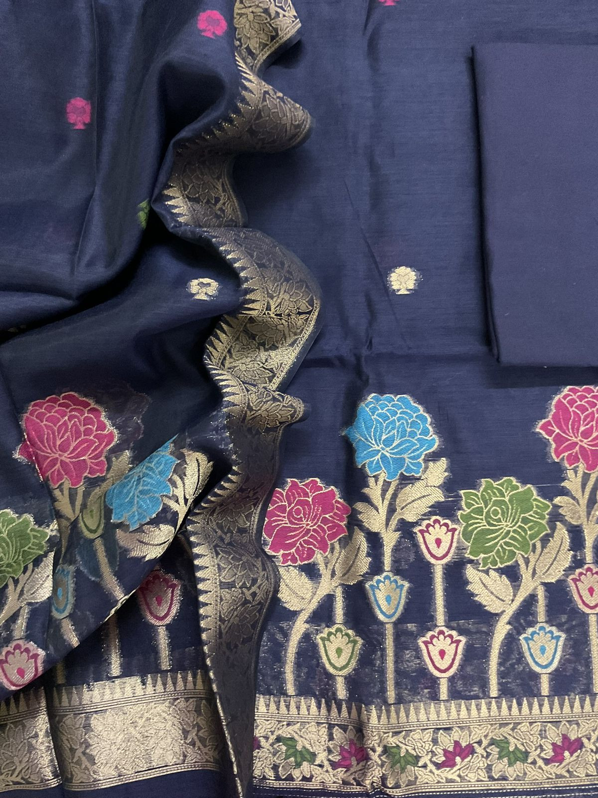 Soft Slub Chanderi Jamdani Weaved Suit - Blue