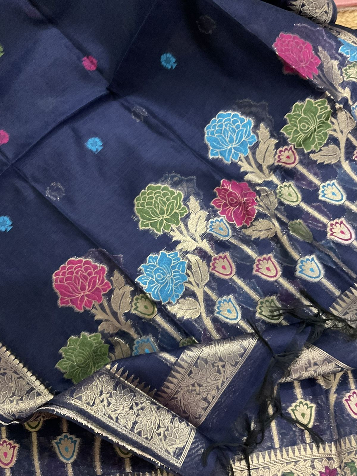 Soft Slub Chanderi Jamdani Weaved Suit - Blue