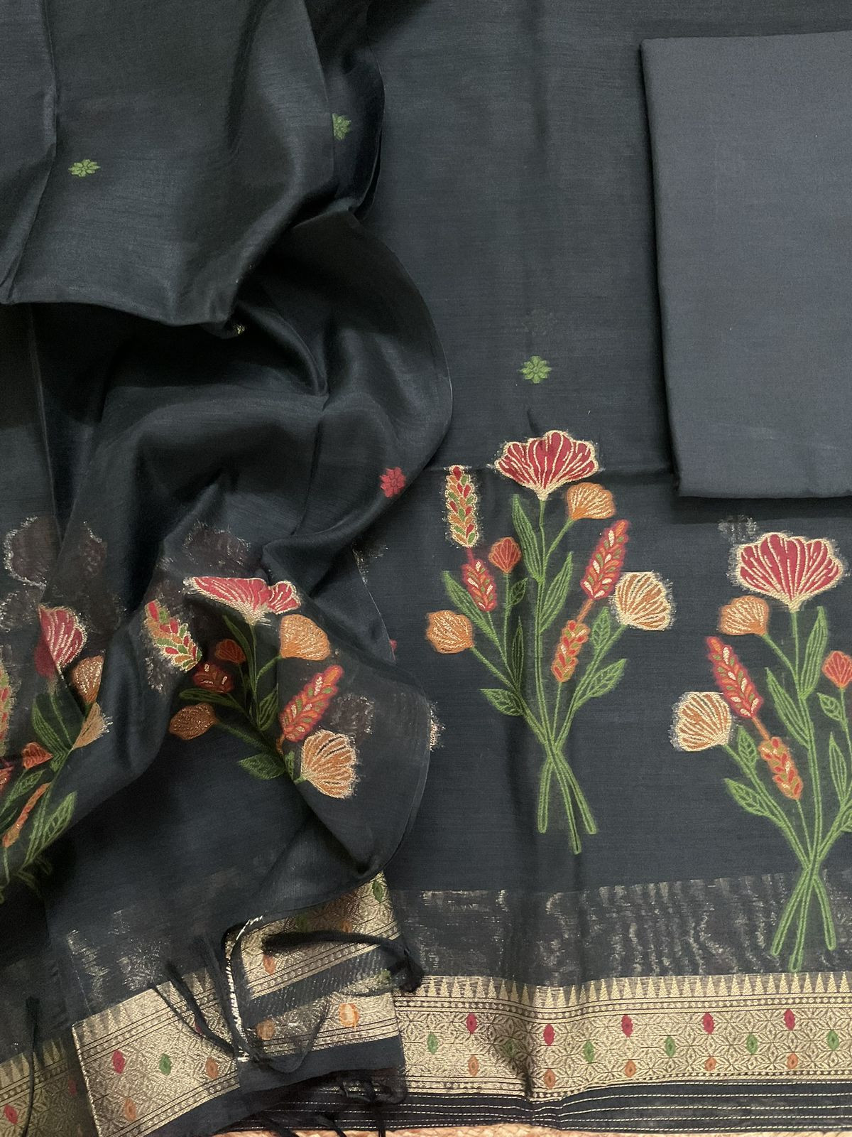 Soft Slub Chanderi Jamdani Weaved Suit - Black
