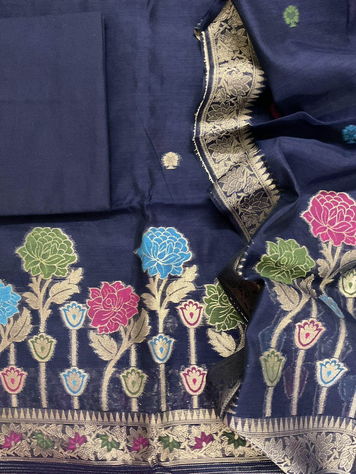 Soft Slub Chanderi Jamdani Weaved Suit - Blue