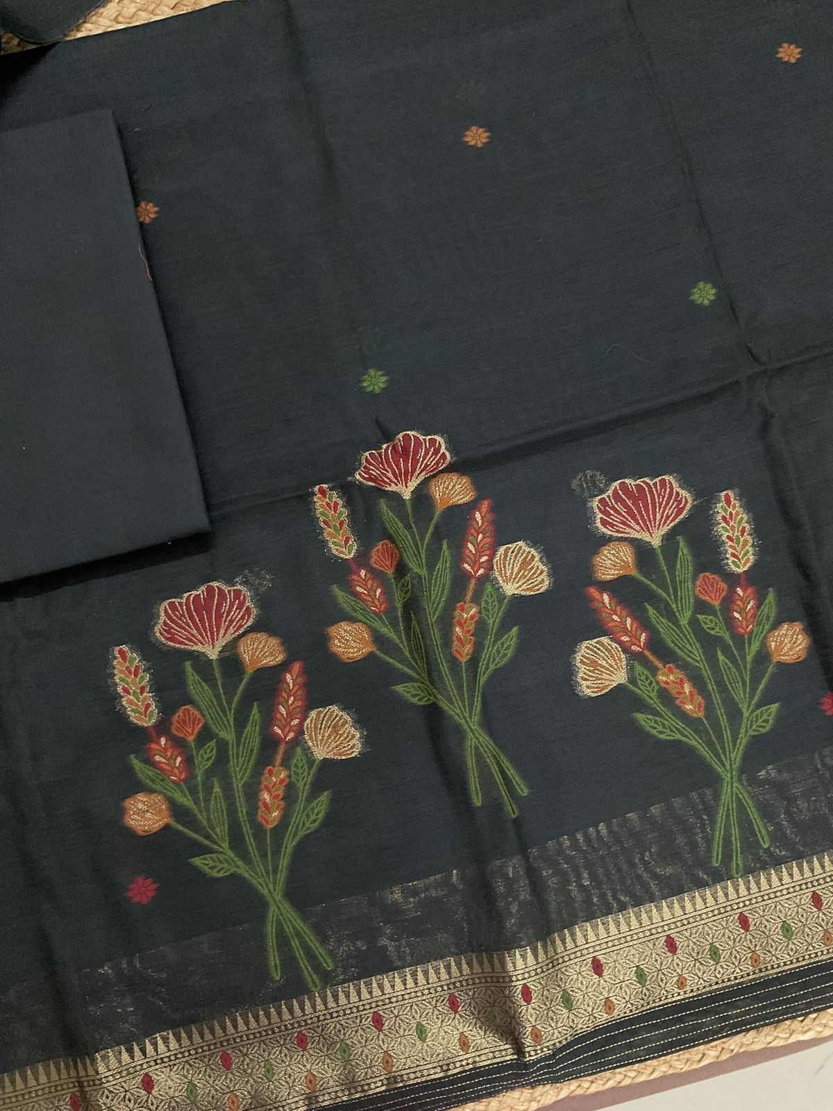 Soft Slub Chanderi Jamdani Weaved Suit - Black