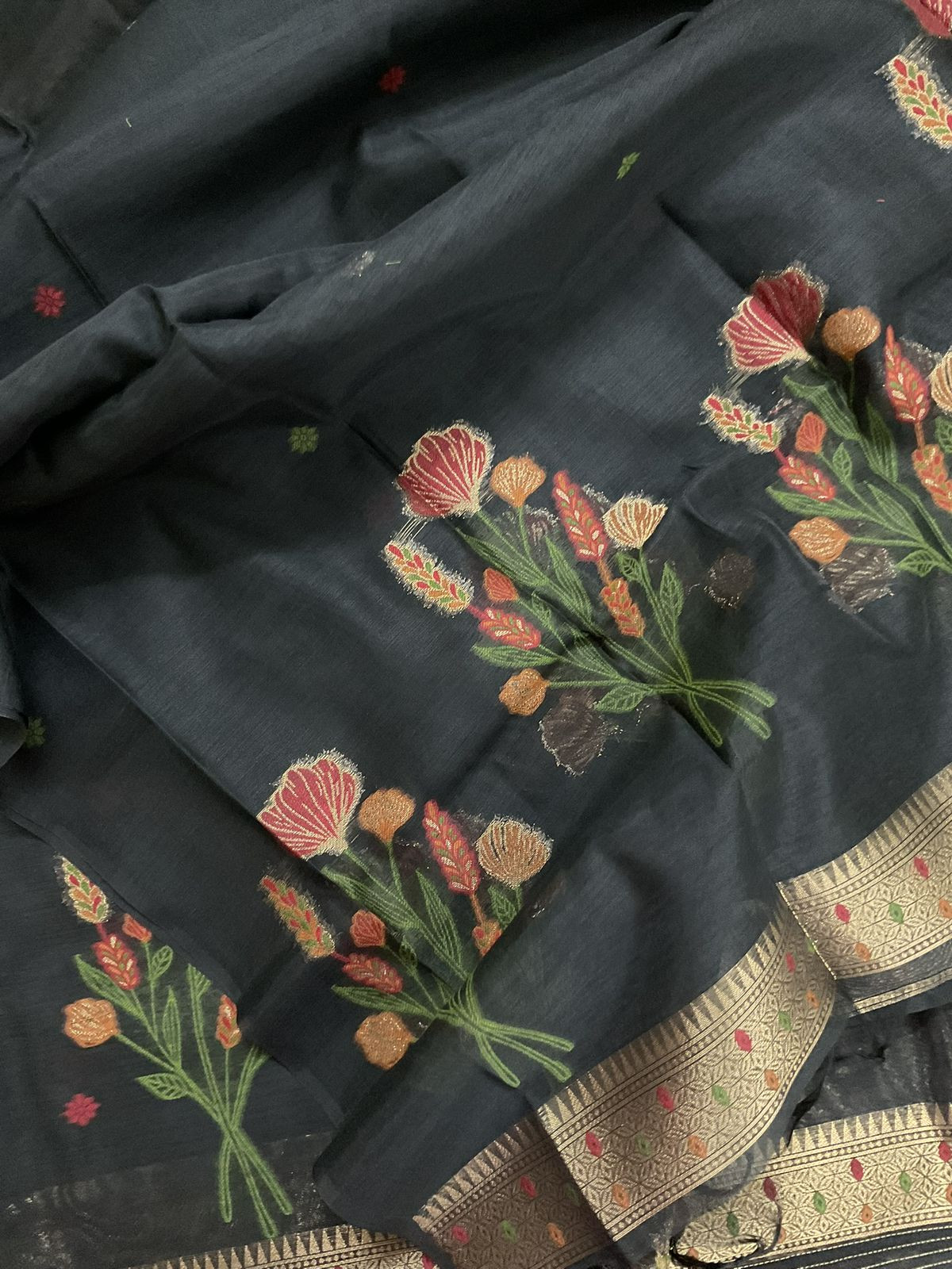 Soft Slub Chanderi Jamdani Weaved Suit - Black