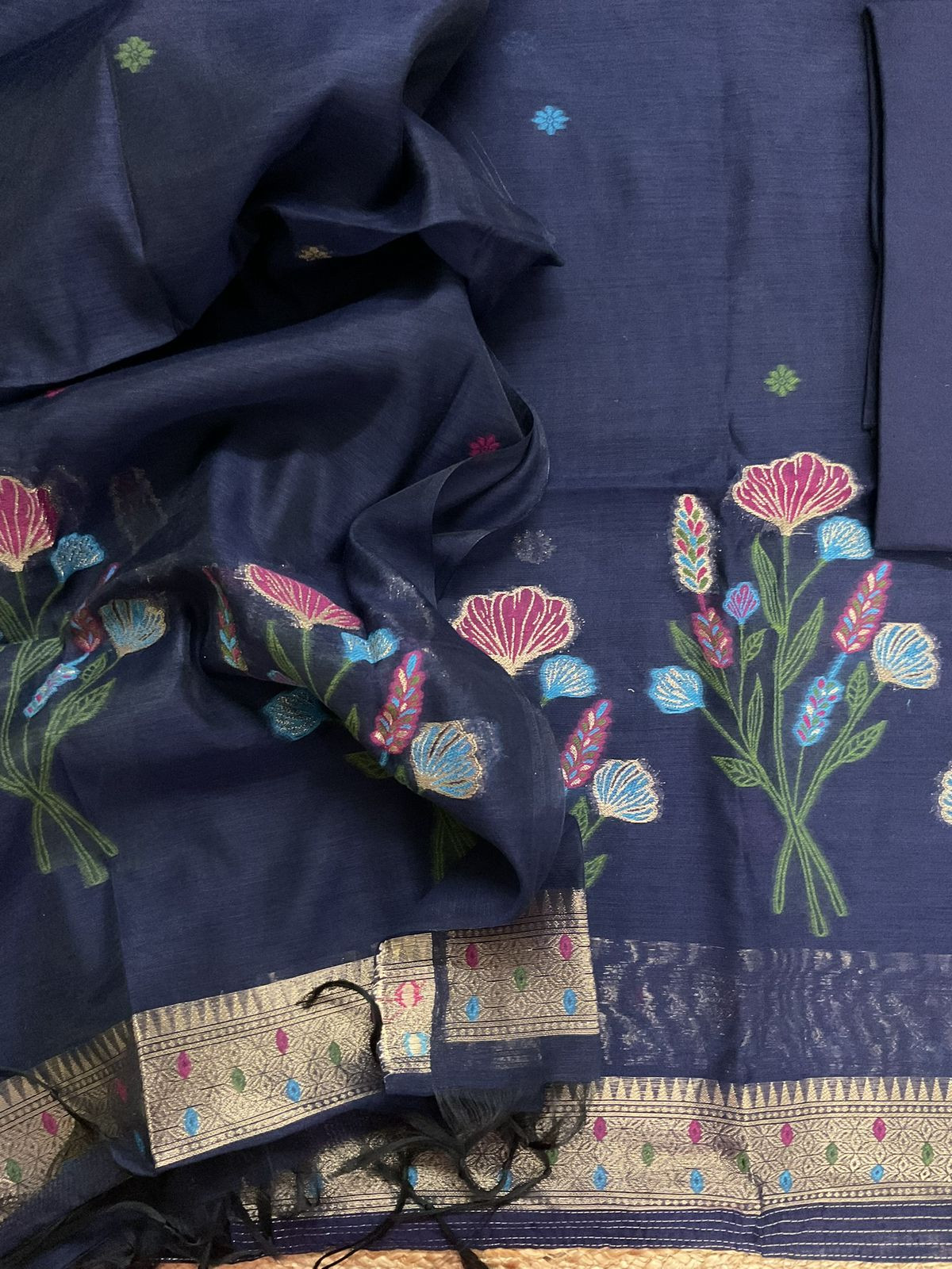 Soft Slub Chanderi Jamdani Weaved Suit - Blue