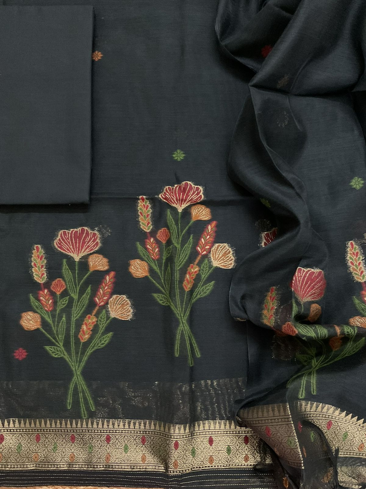 Soft Slub Chanderi Jamdani Weaved Suit - Black