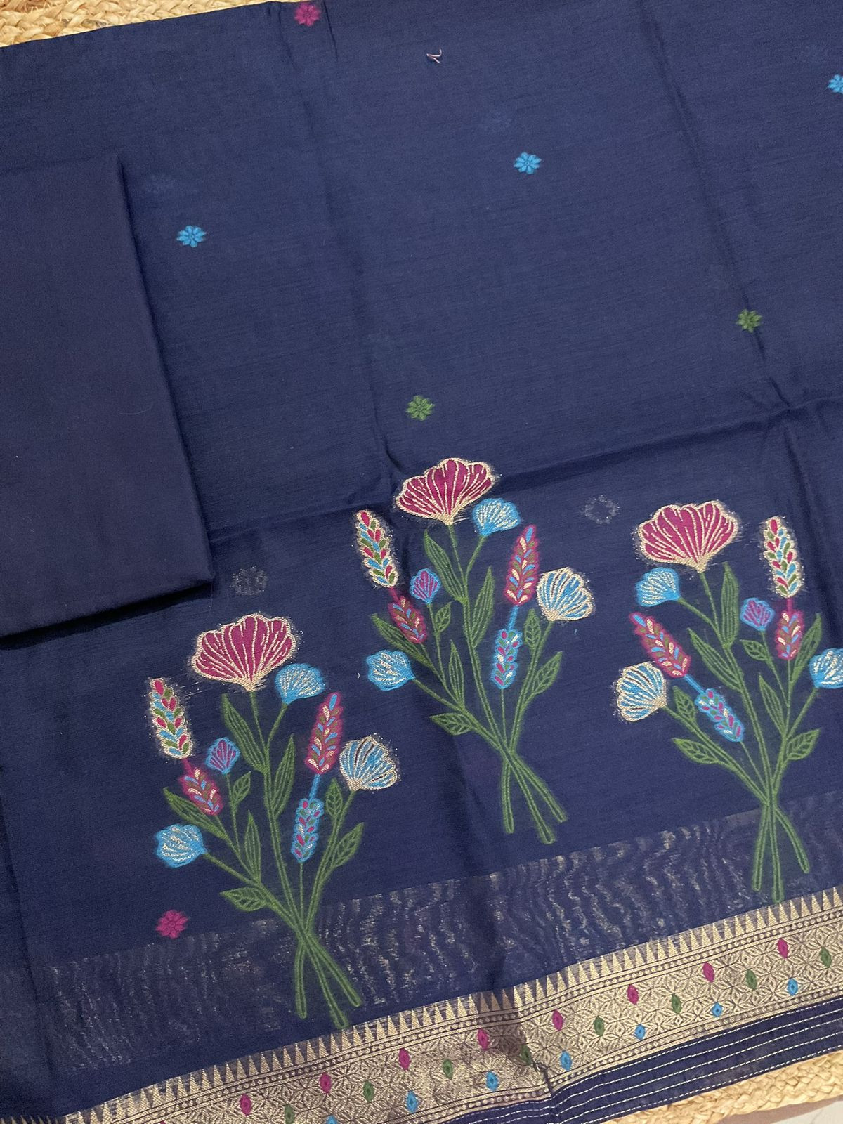 Soft Slub Chanderi Jamdani Weaved Suit - Blue