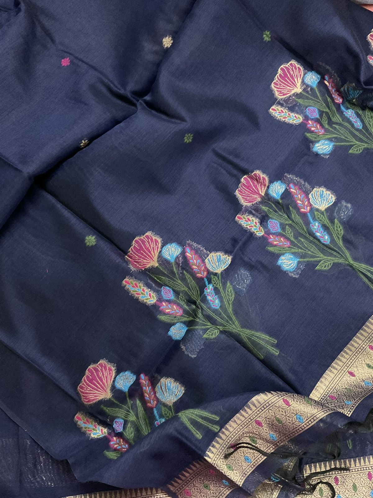 Soft Slub Chanderi Jamdani Weaved Suit - Blue