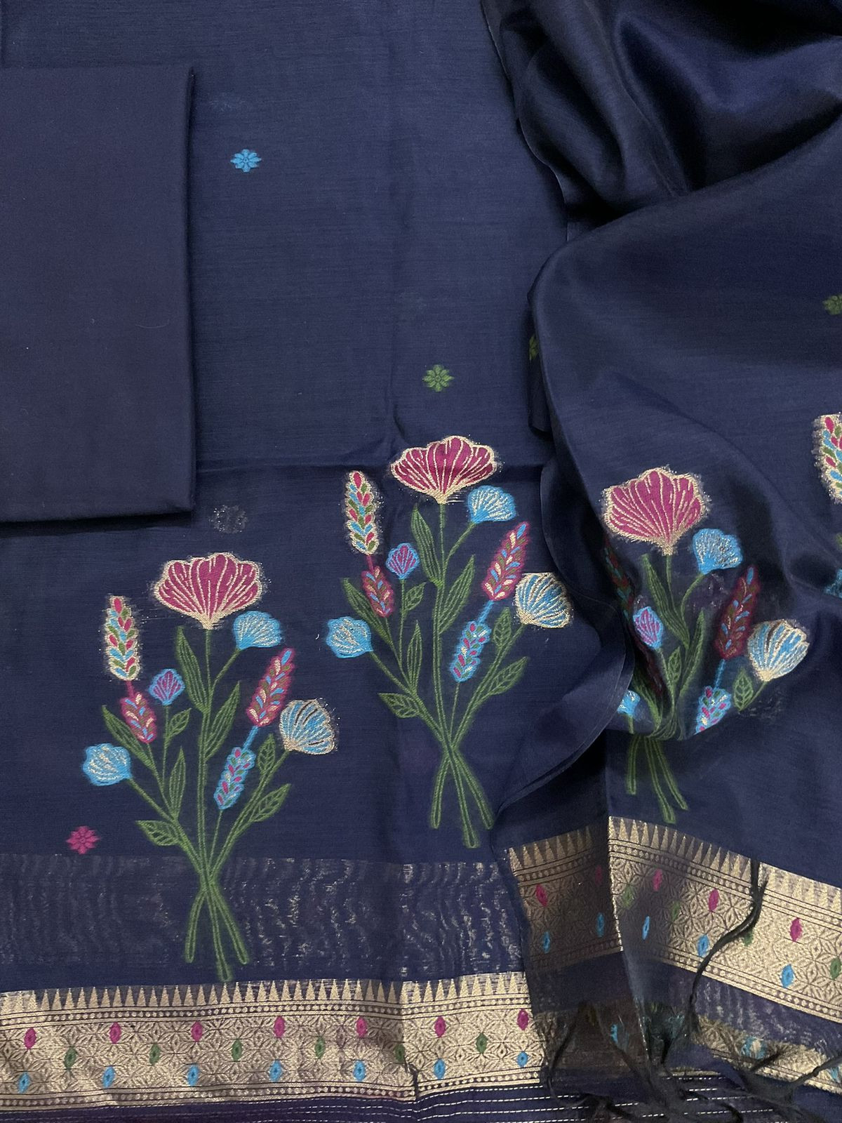 Soft Slub Chanderi Jamdani Weaved Suit - Blue