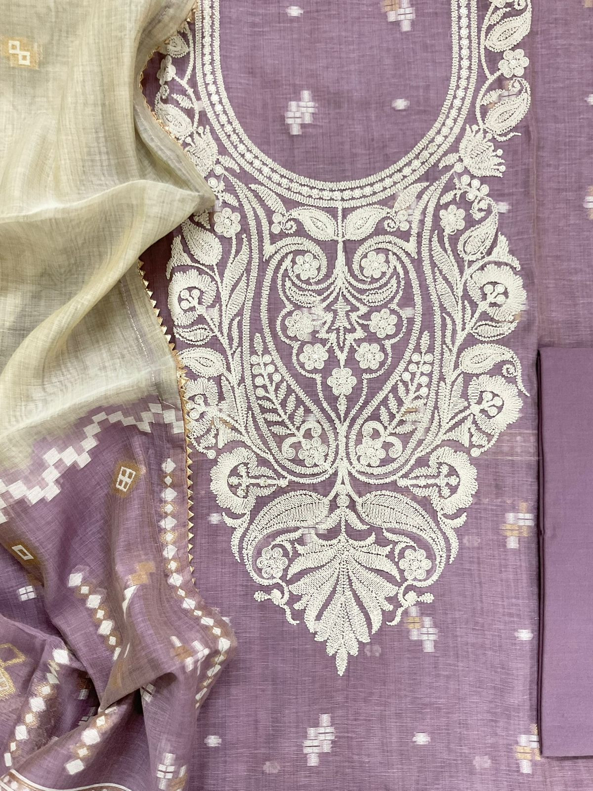 Pure Fine Slub Chanderi Jamdani Weaved Embroidered Suit - Purple