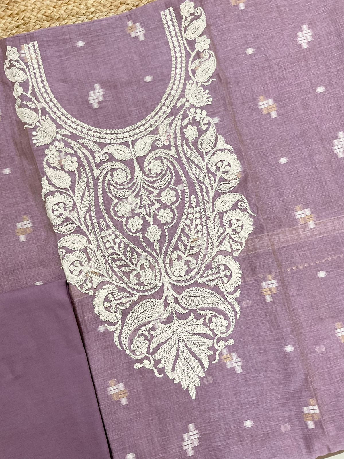 Pure Fine Slub Chanderi Jamdani Weaved Embroidered Suit - Purple