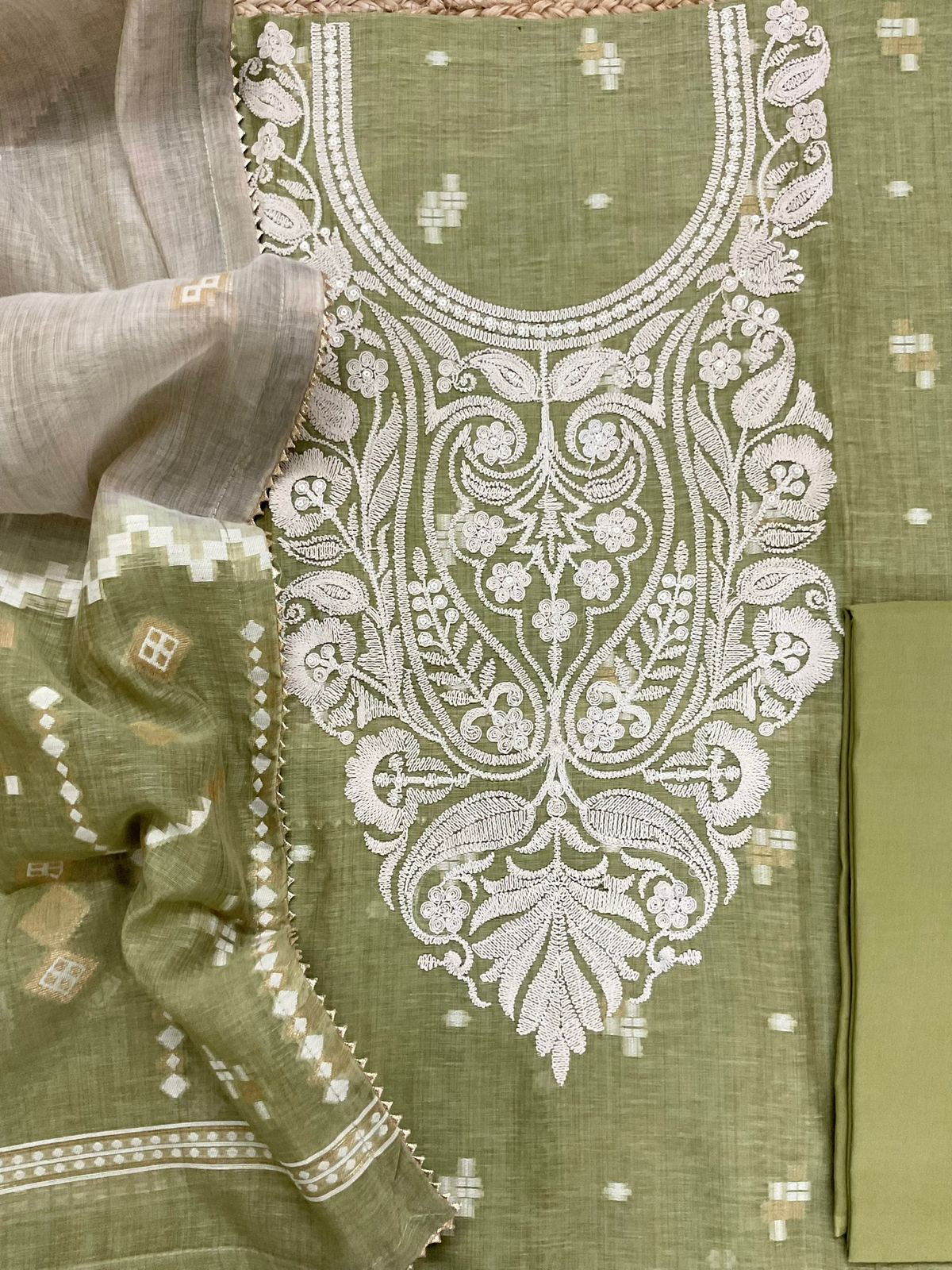 Pure Fine Slub Chanderi Jamdani Weaved Embroidered Suit - Green