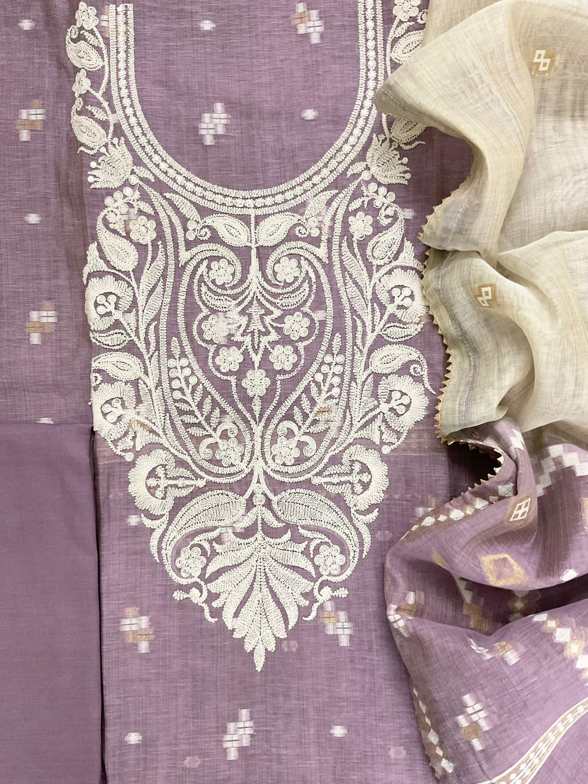 Pure Fine Slub Chanderi Jamdani Weaved Embroidered Suit - Purple