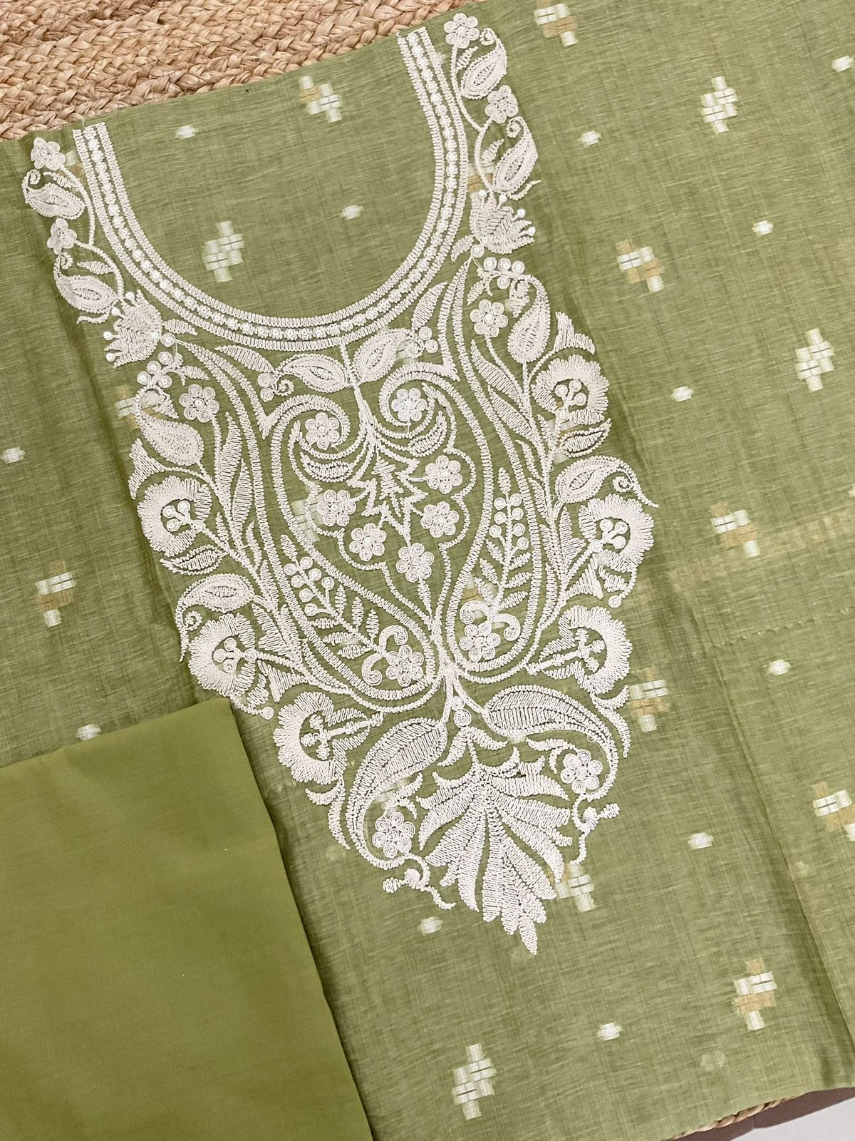 Pure Fine Slub Chanderi Jamdani Weaved Embroidered Suit - Green