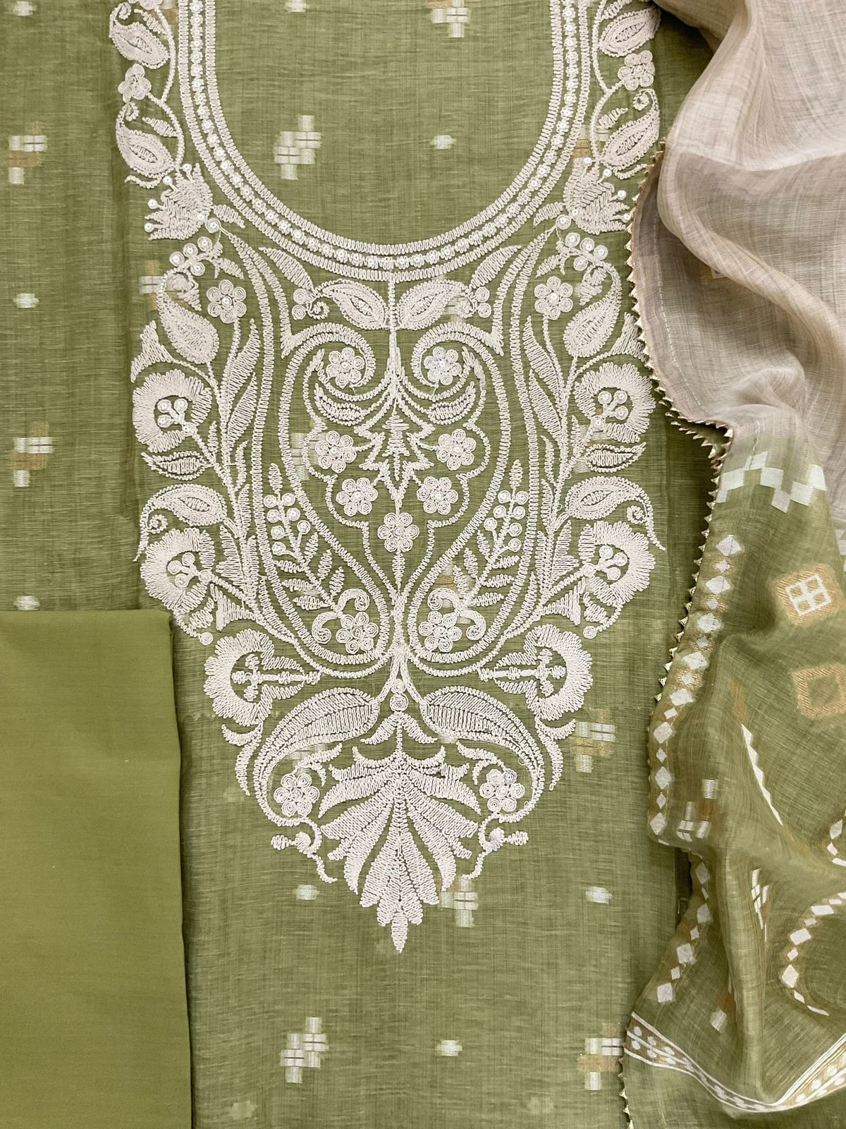 Pure Fine Slub Chanderi Jamdani Weaved Embroidered Suit - Green