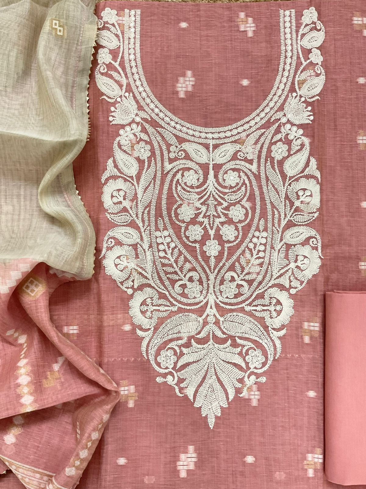 Pure Fine Slub Chanderi Jamdani Weaved Embroidered Suit - Peach