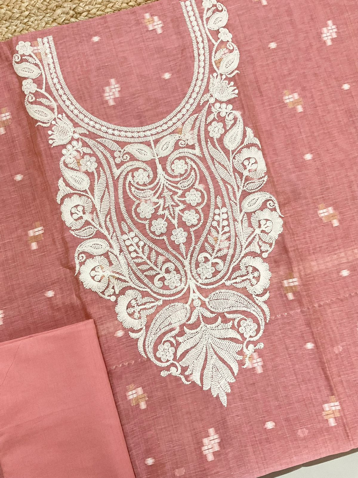 Pure Fine Slub Chanderi Jamdani Weaved Embroidered Suit - Peach