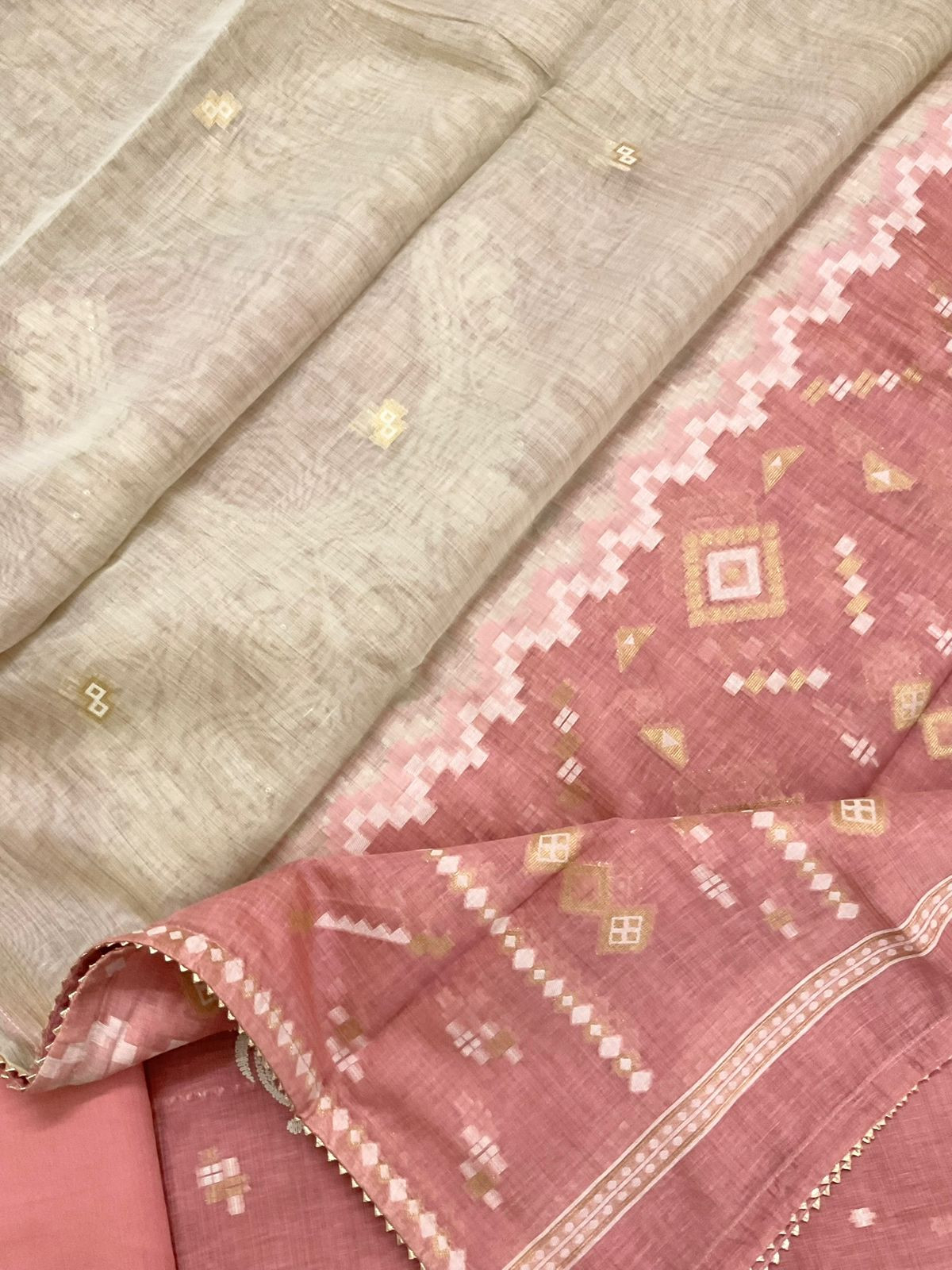 Pure Fine Slub Chanderi Jamdani Weaved Embroidered Suit - Peach